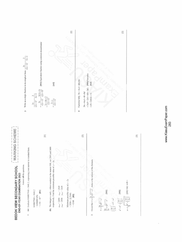 Bedok View Secondary 3 Express E Math 2023 SOLUTIONS | PDF
