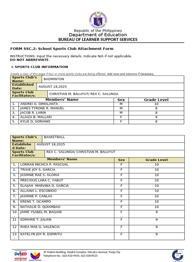 FORM SSC.2 School Sports Club Attachment Form NEW | PDF | Philippines