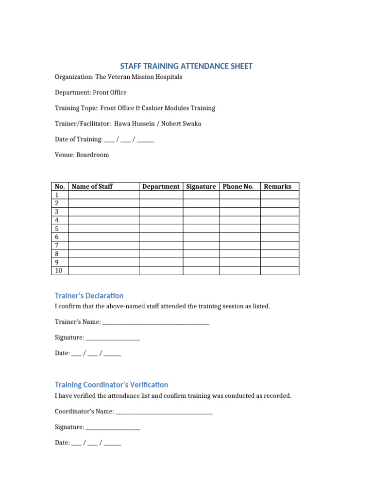 Staff Training Attendance Sheet With Borders | PDF