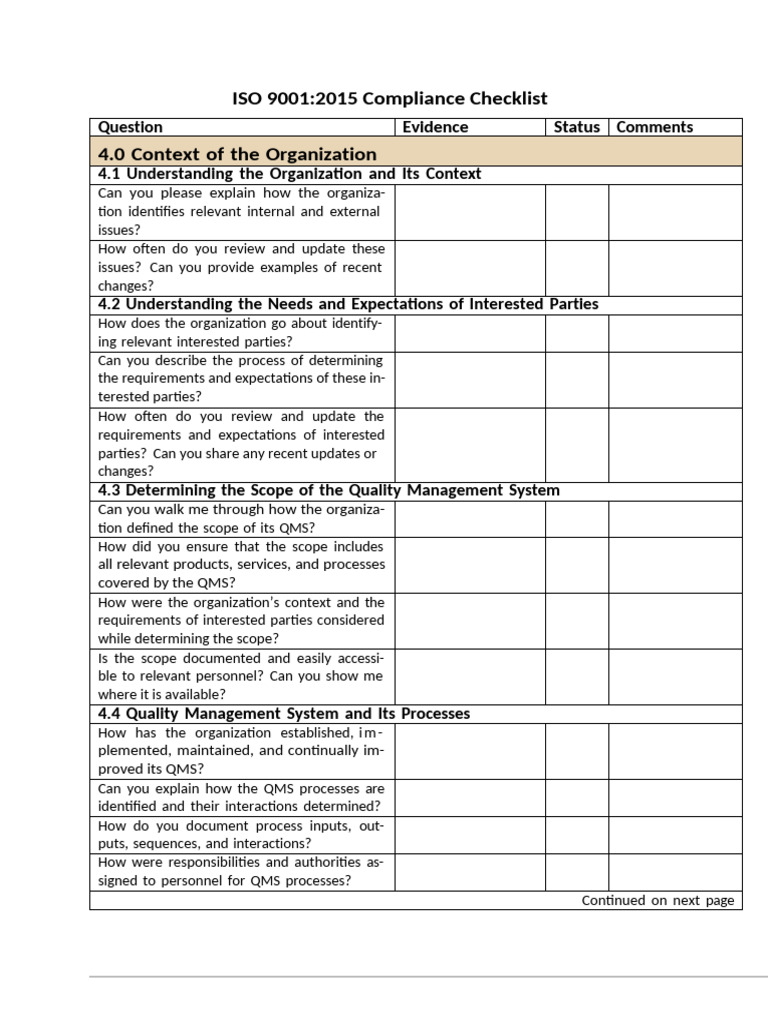 9001 2015 Audit Checklist Simplified Version | PDF | Quality Management ...