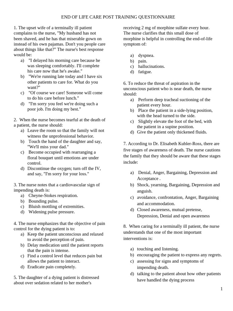 End of Life Care Post Training Questionnaire | PDF | Pain | Terminal ...