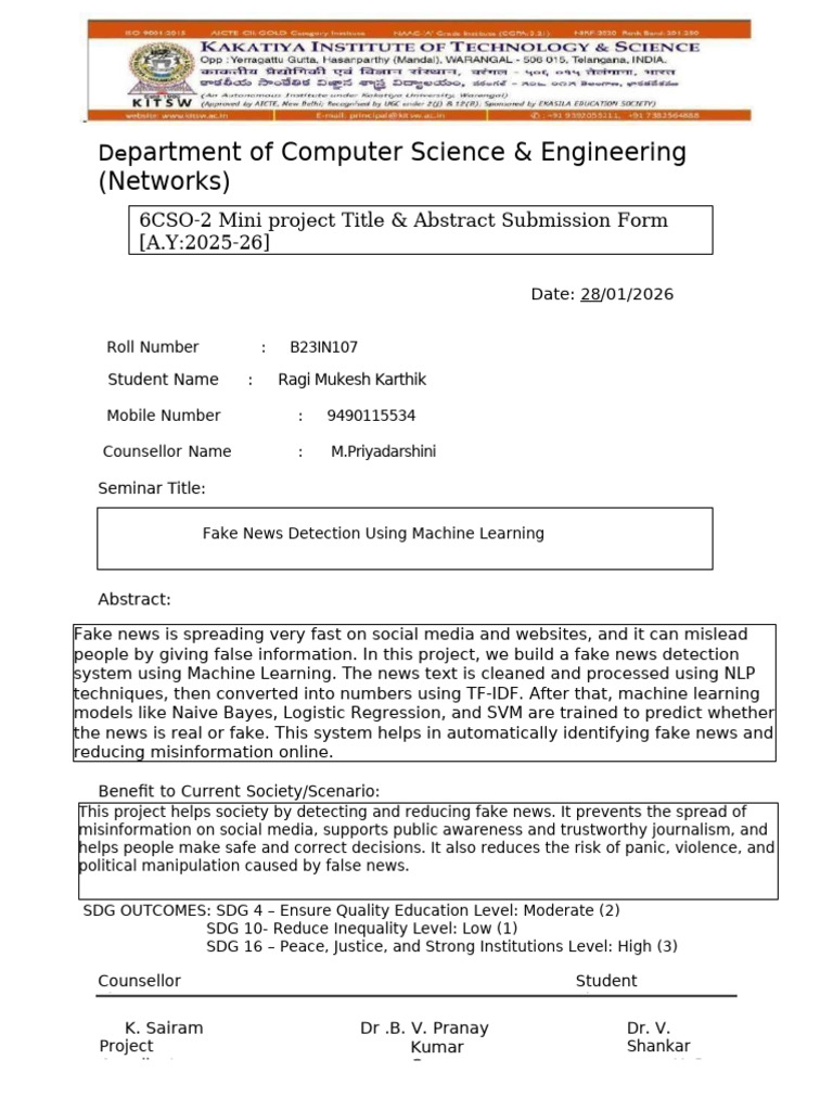 6 Sem Mini Project Abstract Form | PDF