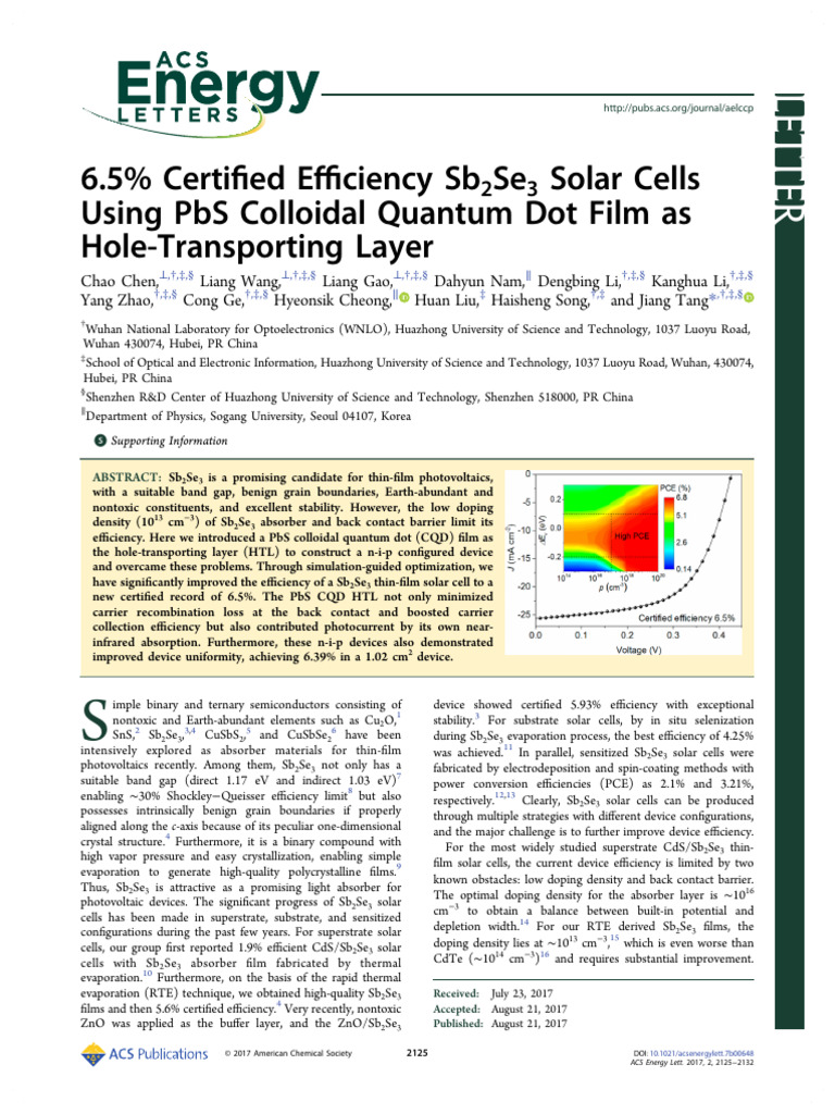 6 5 Certified Efficiency Sb2se3 Solar Cells Using Pbs Colloidal Quantum ...
