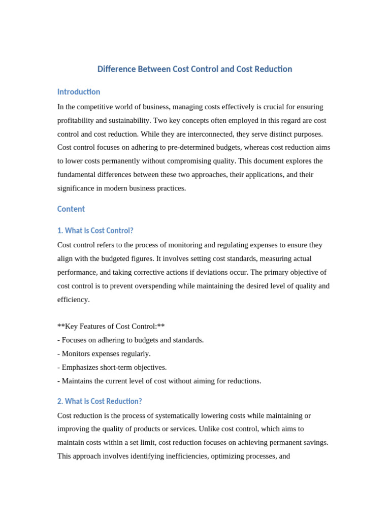 Cost Control Vs Cost Reduction | PDF | Cost Accounting | Expense
