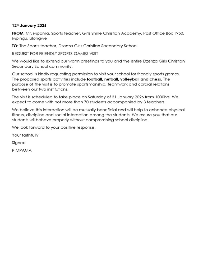 Sports Letter To Dzenza | PDF