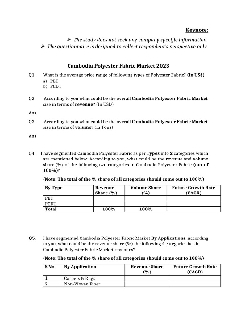Questionnaire - Cambodia Polyester Fabric Market | PDF | Textiles ...