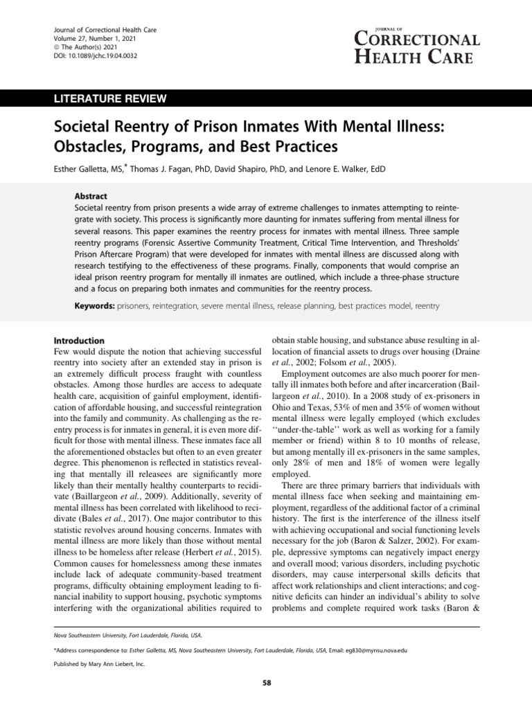Societal Reentry of Prison Inmates | PDF | Mental Disorder | Mental Health