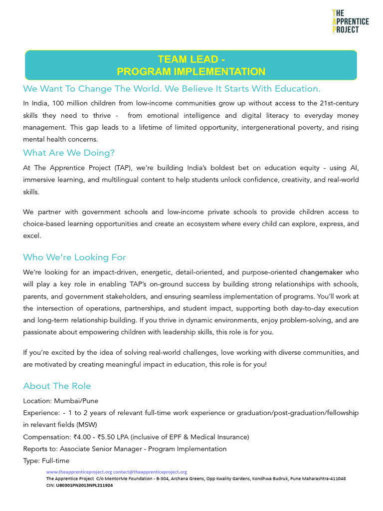 TAP - Program Implementation Team Lead - JD | PDF | Learning | Cognition
