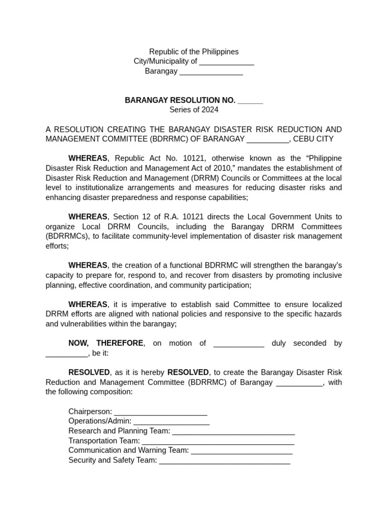 BDRRMC Resolution Template | PDF | Disaster Risk Reduction | Emergency ...