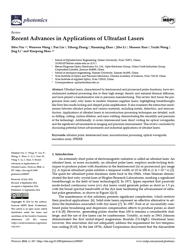 Review - Recent Advances in Application of Ultrashort Lasers - 2024 ...