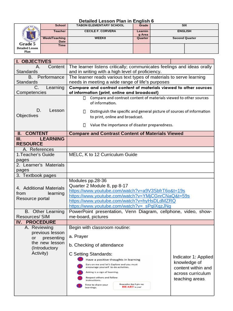 Cot English 6 q2 w8 (Repaired) .Final | PDF | Learning | Knowledge