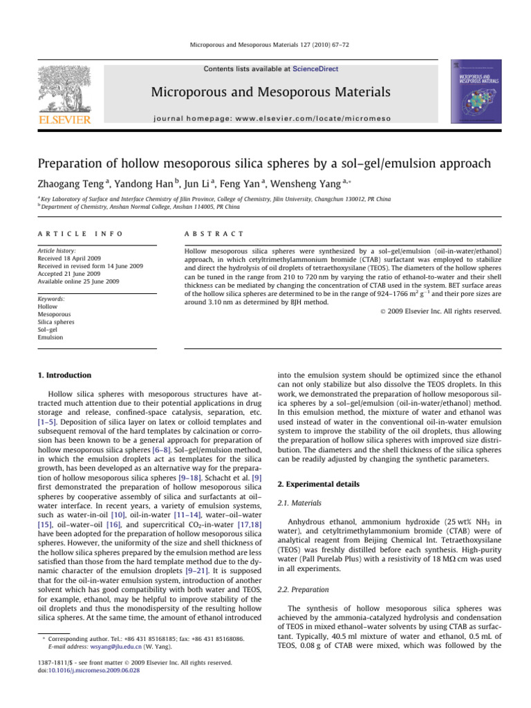Preparation of Hollow Mesoporous Silica Spheres by a Sol Gel Emulsion ...