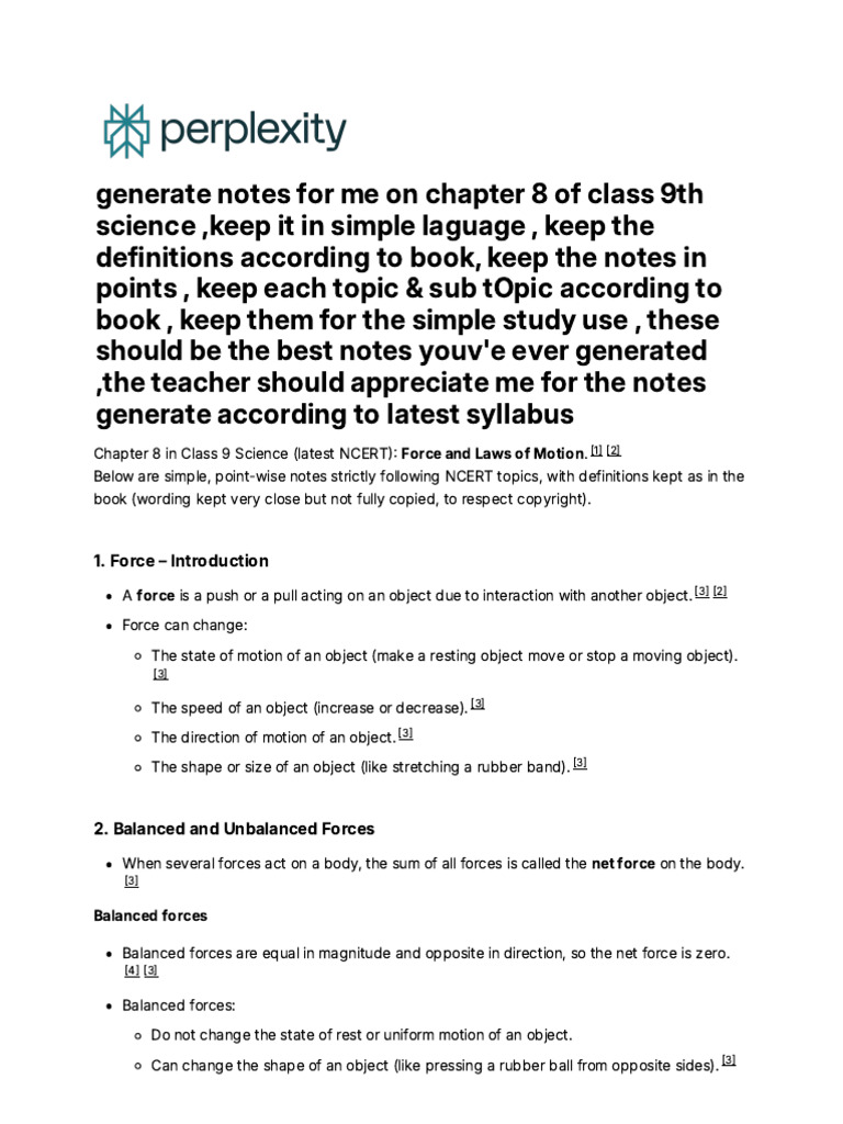 Generate Notes For Me On Chapter 8 of Class 9th SC | PDF | Force | Momentum