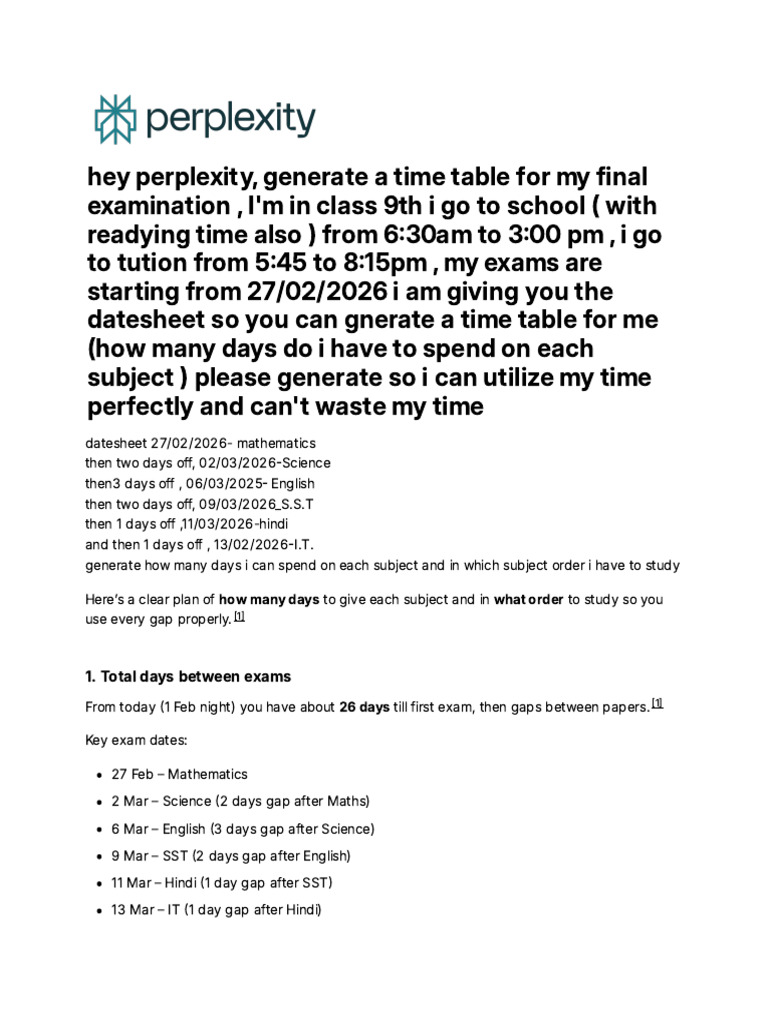 Hey Perplexity, Generate A Time Table For My Final | PDF | Mathematics