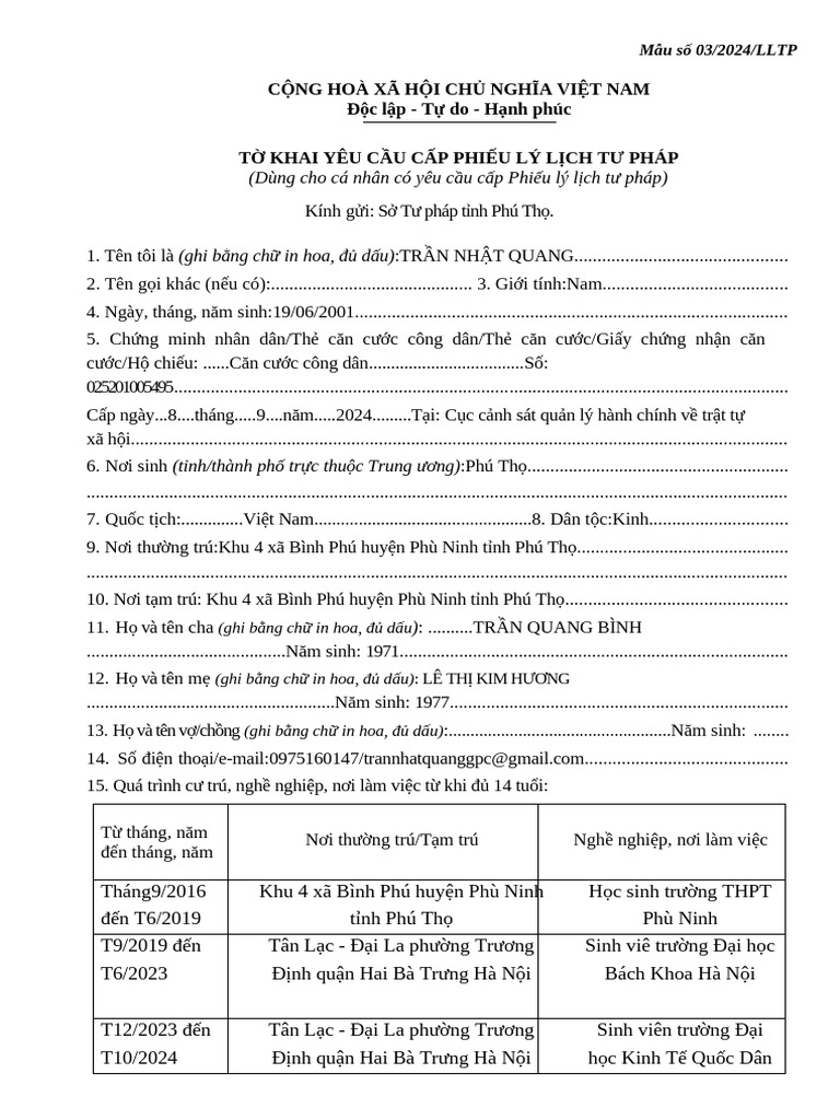To Khai LLTP - Mau Moi | PDF