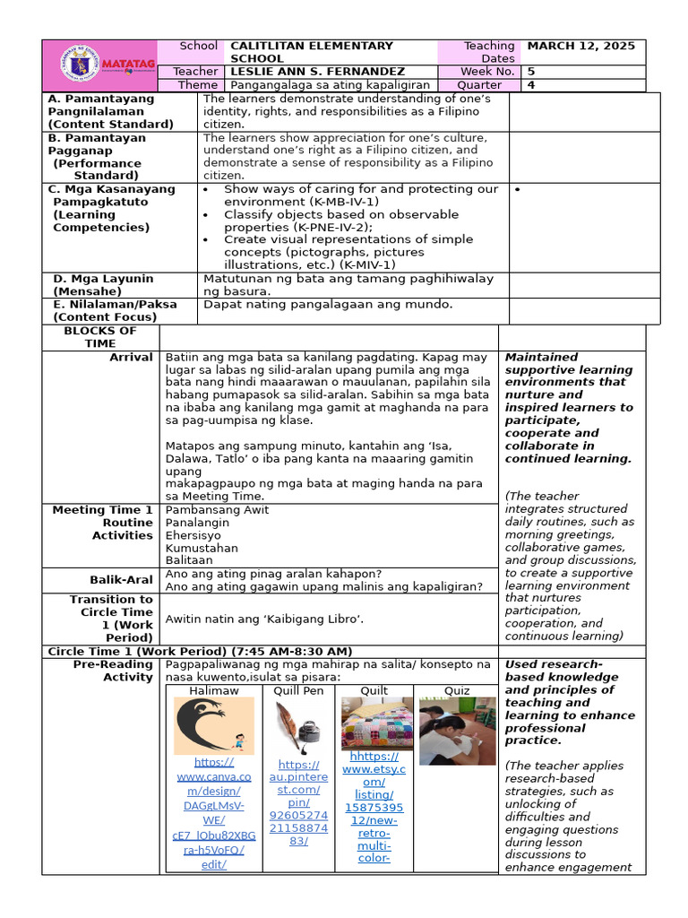 Choice 3/daily Lesson Plan Kindergarten | PDF | Learning | Educational ...