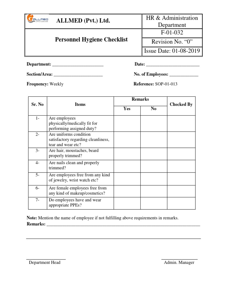 Personnel Hygiene Checklist | PDF