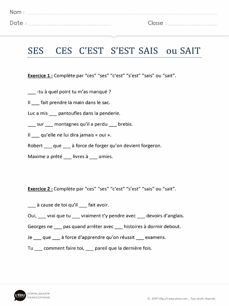 4 Exercices Ces Ses Cest Sest Sais Sait 588ds5 | PDF