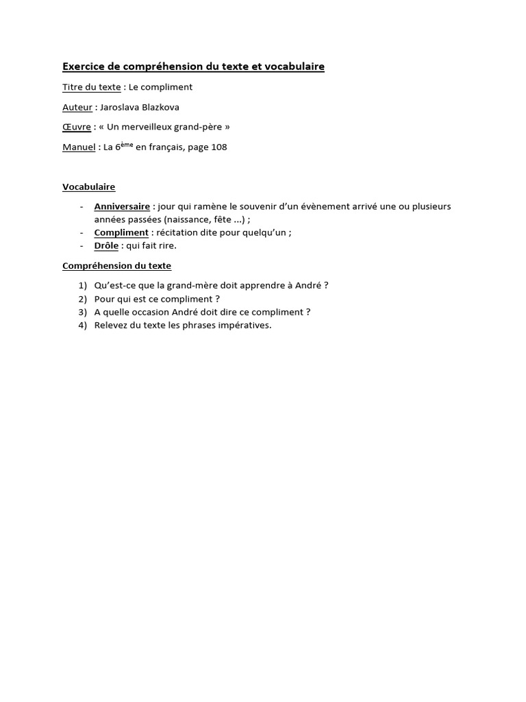 Exercice de Compréhension Du Texte Et Vocabulaire | PDF