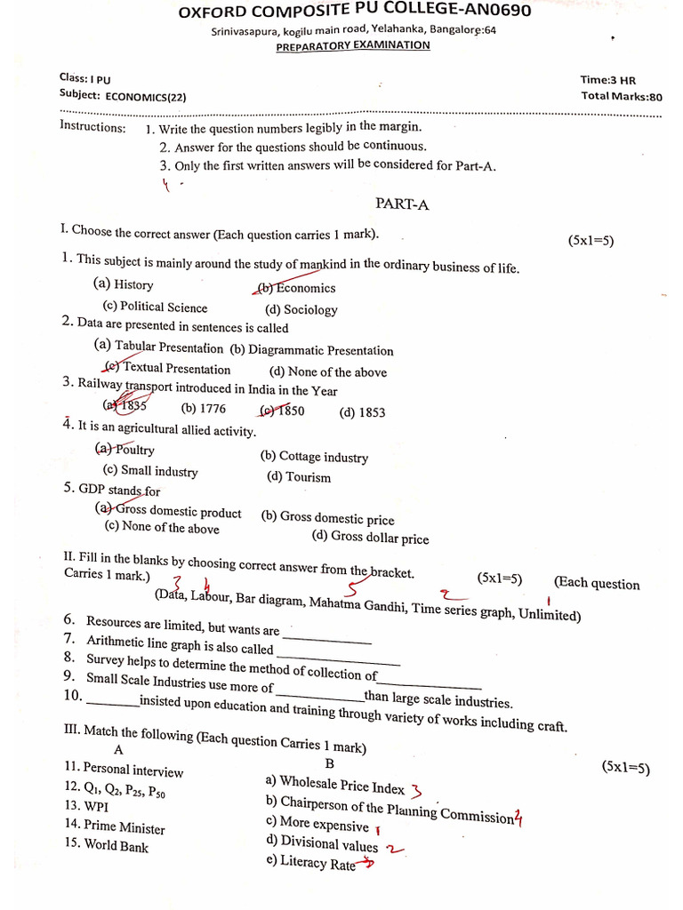 1st PU 1st Preparatory Examination Question Papers | PDF