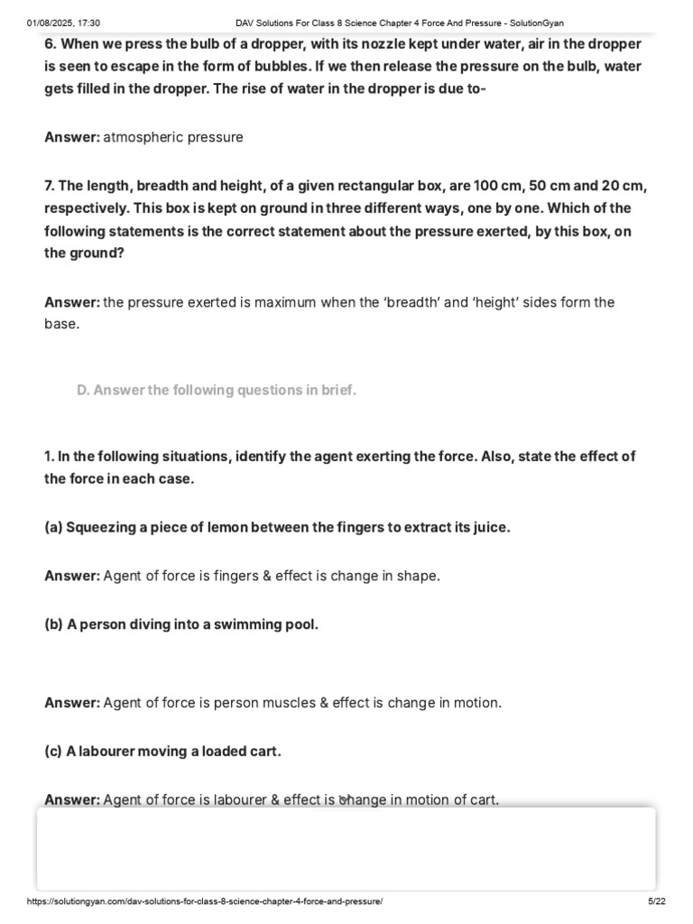DAV Solutions For Class 8 Science Chapter 4 Force and Pressure ...