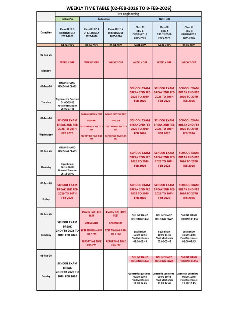 Jee Time Table 2 Feb To 8 Feb | PDF | Classical Mechanics | Physics