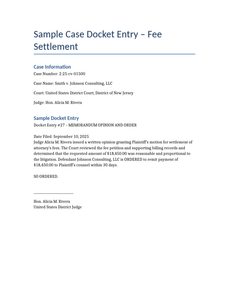 Sample Case Docket Fee Settlement | PDF
