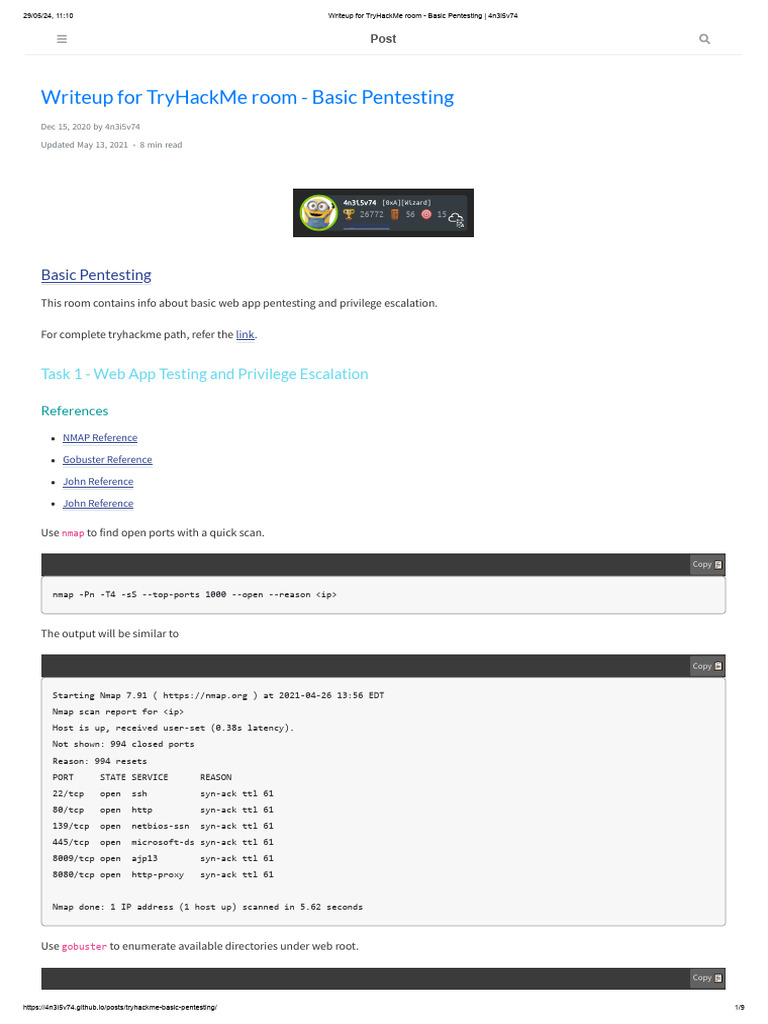 Writeup For TryHackMe Room - Basic Pentesting - 4n3i5v74 | PDF | User ...