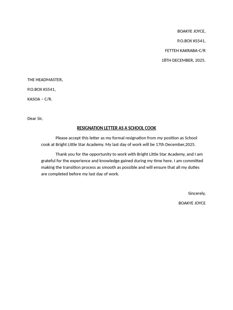 Resignation Letter As A School Cook | PDF