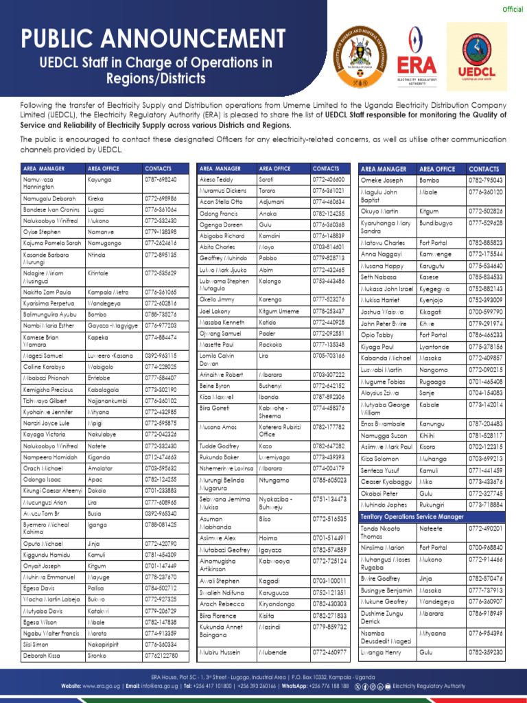 Public Announcement: UEDCL Staff in Charge of Operations in Regions ...