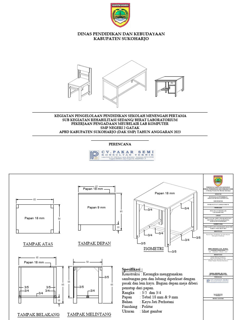 Gambar Teknis Perabot Mebel Ruang Lab Komputer SMPN 2 Gatak | PDF