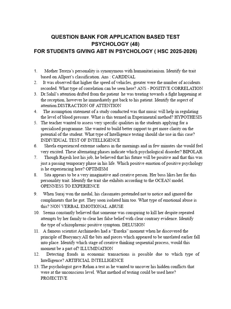 Question Bank For Application Based Test-1 | PDF | Emotions | Mental Health