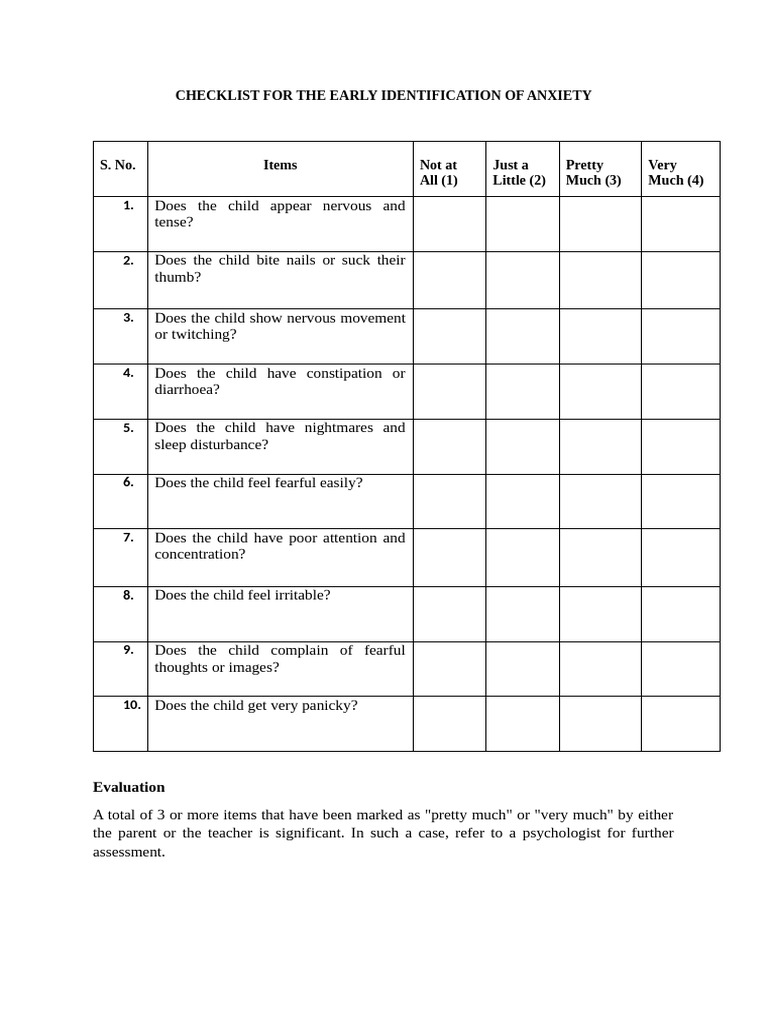 Checklist For The Early Identification of Anxiety | PDF