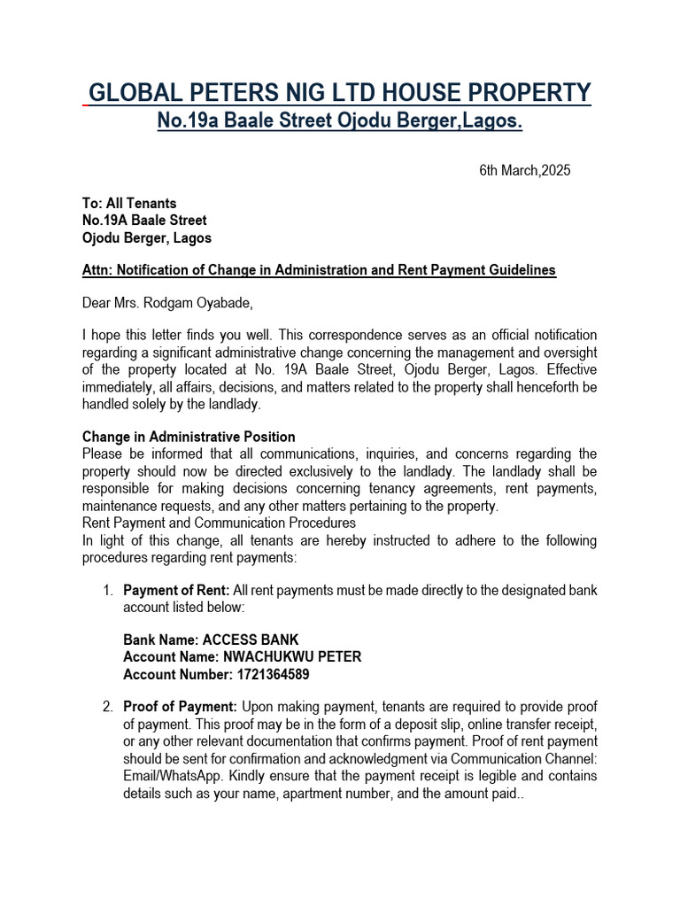 Mrs Oyebade Letter Tenant Agreement 2 | PDF | Landlord | Leasehold Estate
