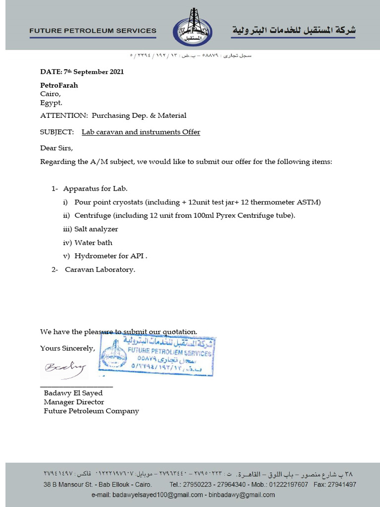 Final Offer for the Lab Petrofarah | PDF