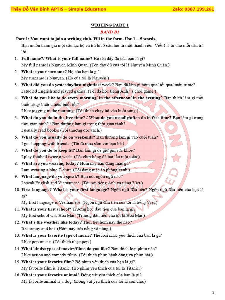 Writing Part 1 Sample Answer Band b1 | PDF
