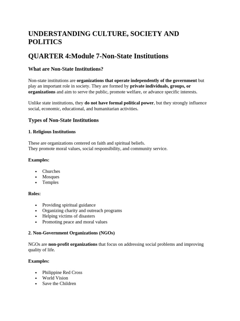 q4 m7 Non State Institutions | PDF | Non Governmental Organization