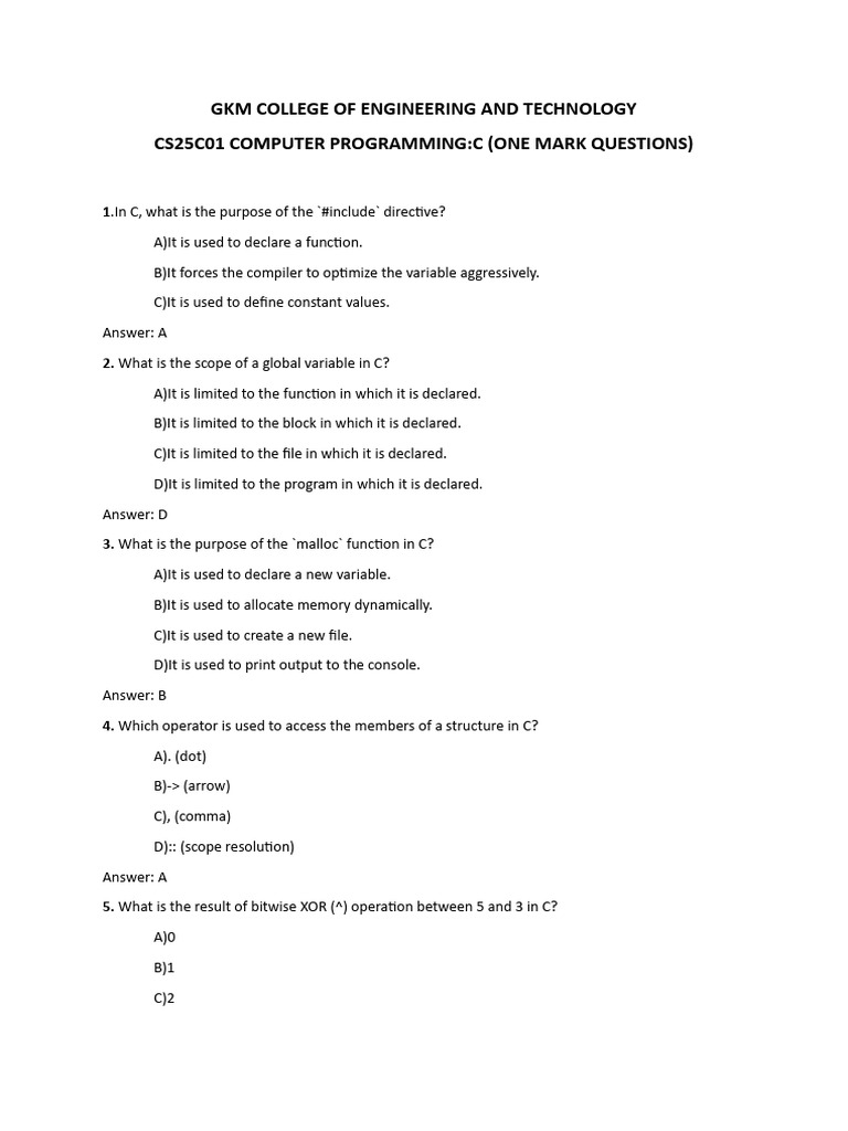 C Programming MCQ | PDF | Pointer (Computer Programming) | String ...