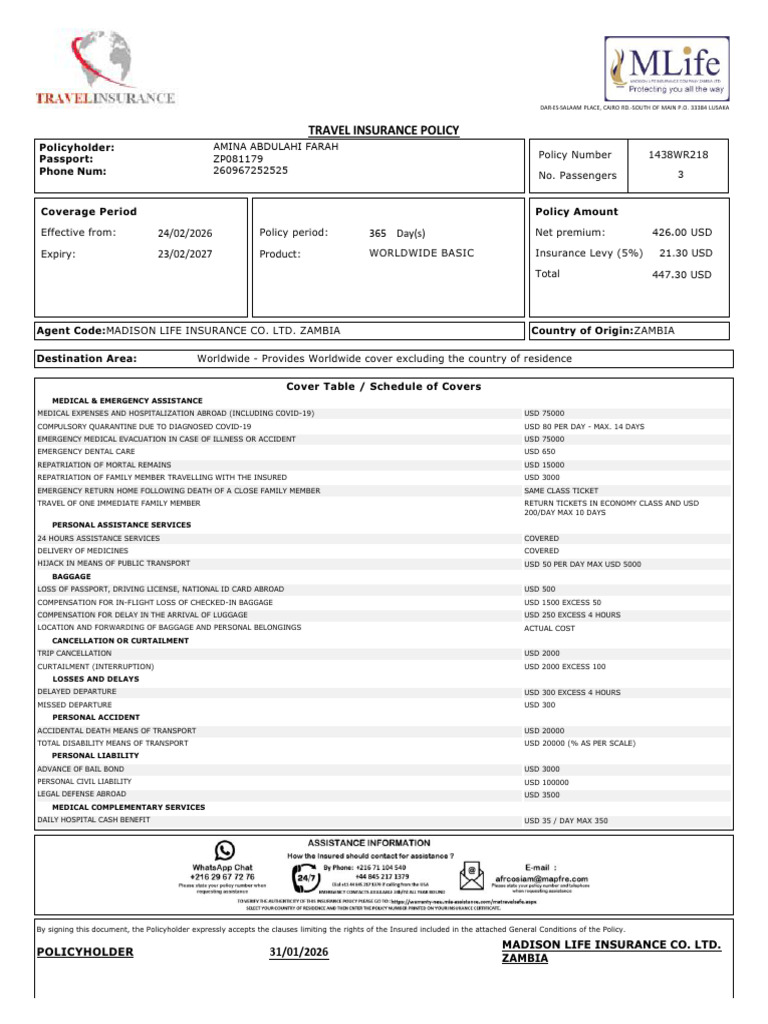 Travel Insurance Policy Certificate | PDF | Insurance | Indemnity