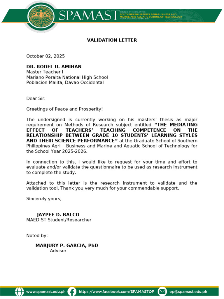 Validation Letter and Sheet | PDF | Questionnaire | Learning Styles