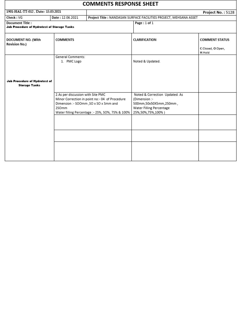 COMMENTS RESPONSE SHEET-Job Procedure For Hyrotesting of Storage Tanks ...