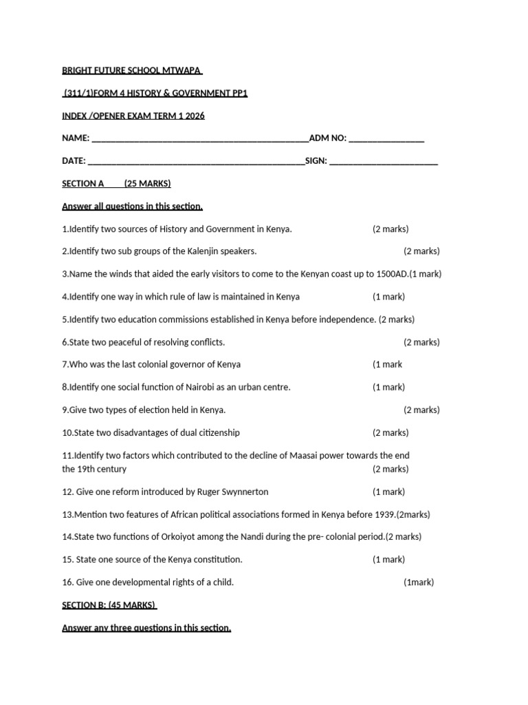 History and Government PP1 Form 4 Index Exam 2026 | PDF | Kenya