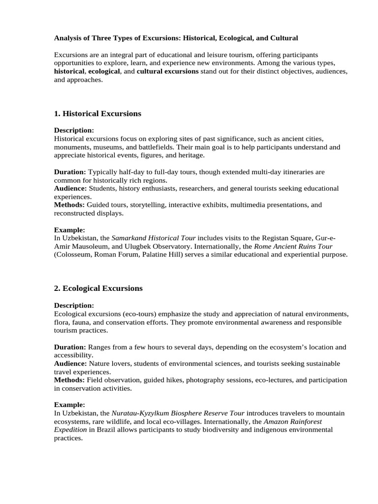 Analysis of Three Types of Excursions | PDF | Tourism | Natural Environment