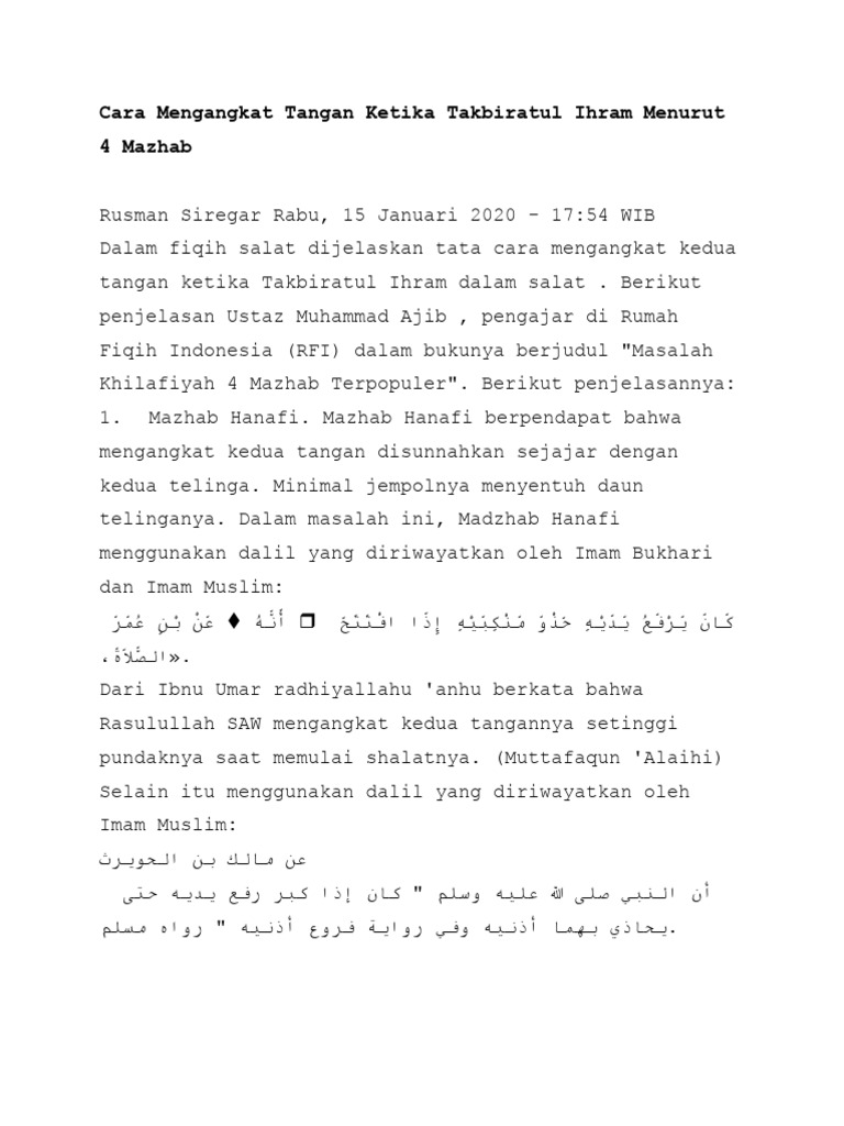 Cara Mengangkat Tangan Ketika Takbiratul Ihram Menurut 4 Mazhab | PDF