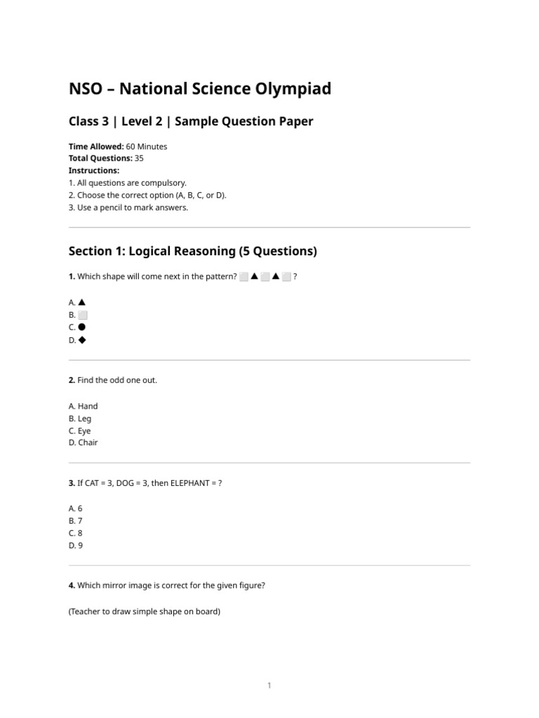 Nso Class 3 Level 2 - Sample Question Paper | PDF | Water | Foods