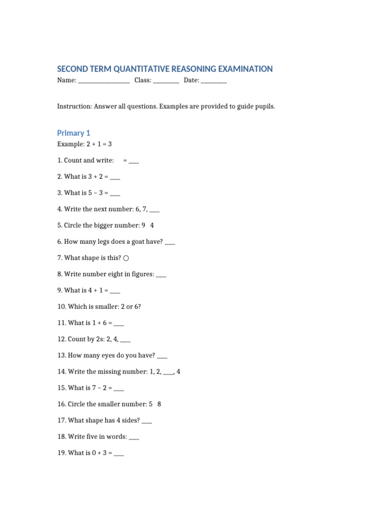 Second Term Primary 1 To 4 Quantitative Reasoning Nigeria | PDF | Chess ...