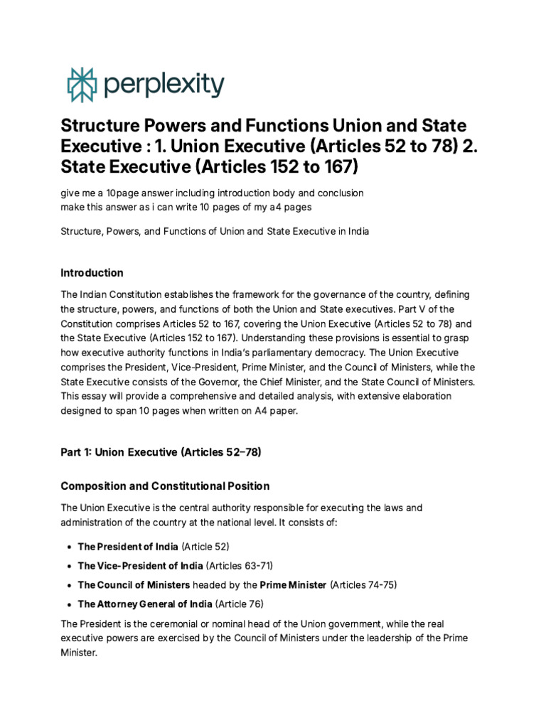 Structure Powers and Functions Union and State Executives (2) | PDF ...
