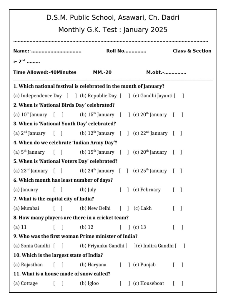 GK Test Jan 2025 2nd Class | PDF