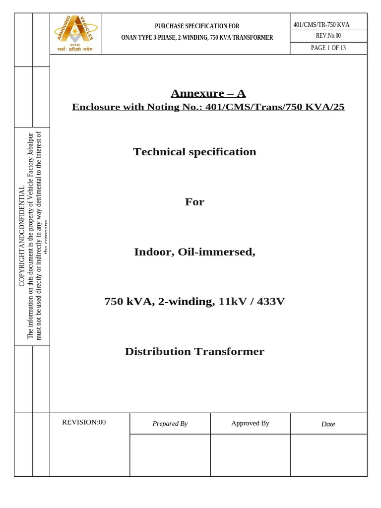 750 KVA Final Specs | PDF | Transformer | Engineering Tolerance