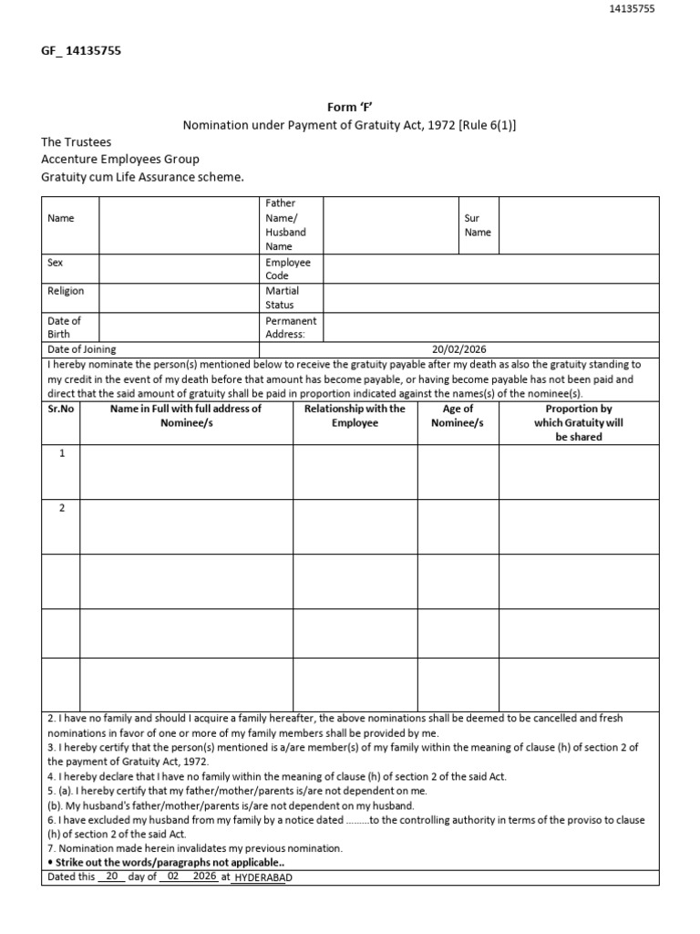 Gratuity Nomination - ForM F | PDF